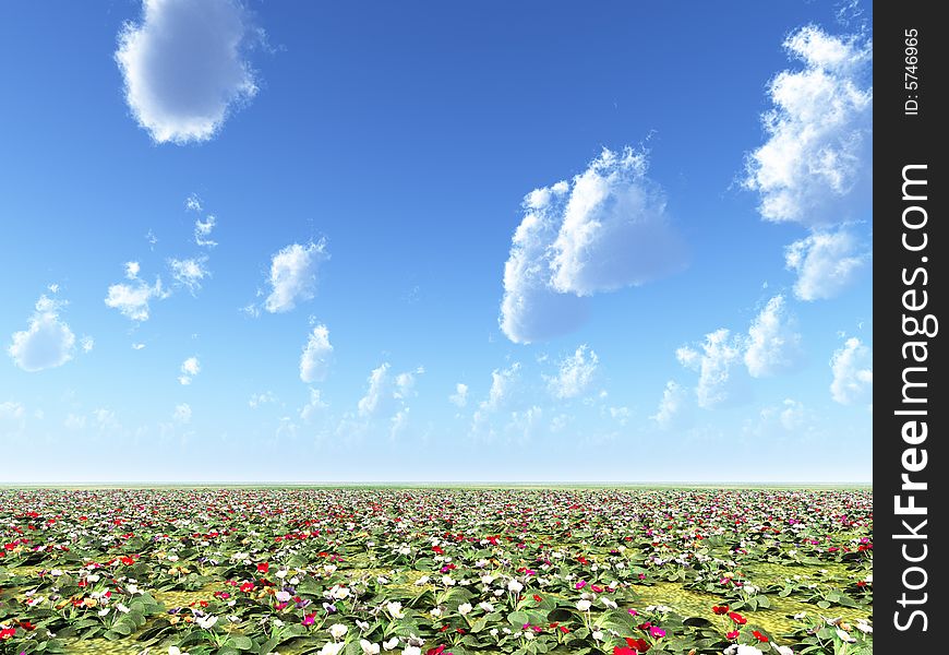 Beautiful field of flowers. 3d image. Beautiful field of flowers. 3d image