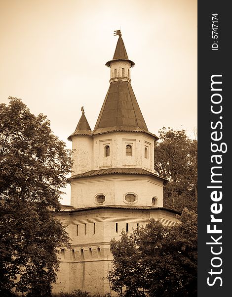 Aged photo: tower in monastery New Jerusalem. Aged photo: tower in monastery New Jerusalem