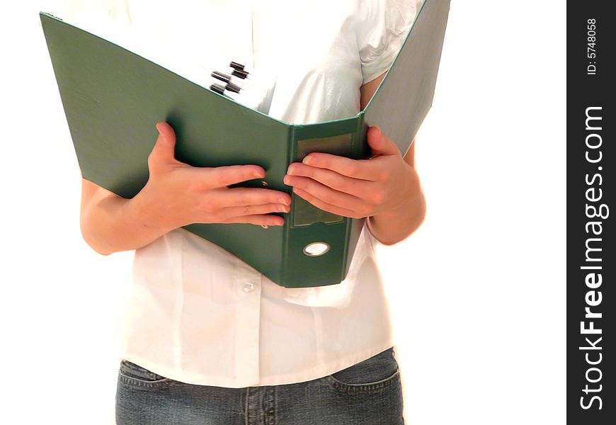 A girl with office folder green color close-up. A girl with office folder green color close-up