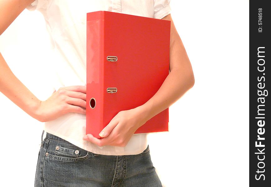 A girl with office folder red color close-up. A girl with office folder red color close-up