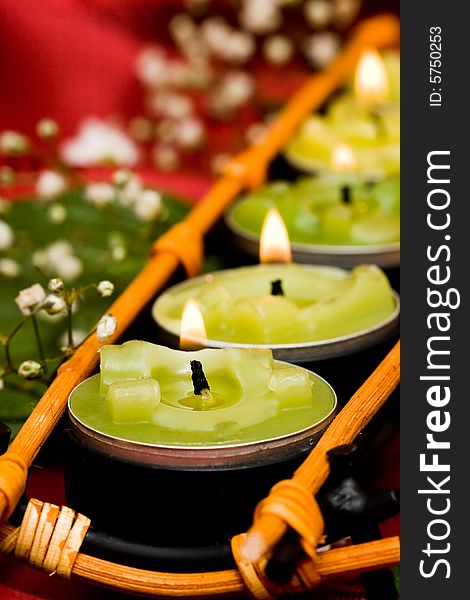 Row of green candles and white flowers