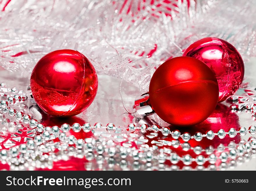 Red Christmas balls with silver tree