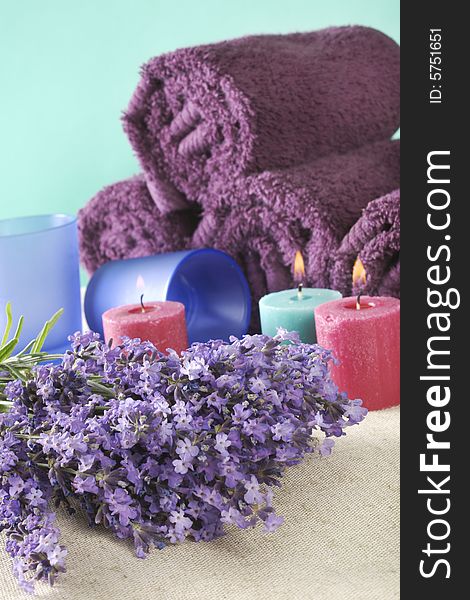 Bunch of lavender with bath towels, selected focus.