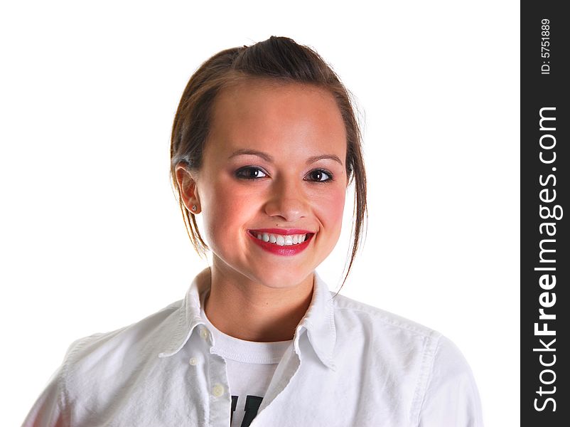 A smiling, pretty young woman isolated on white background. A smiling, pretty young woman isolated on white background.