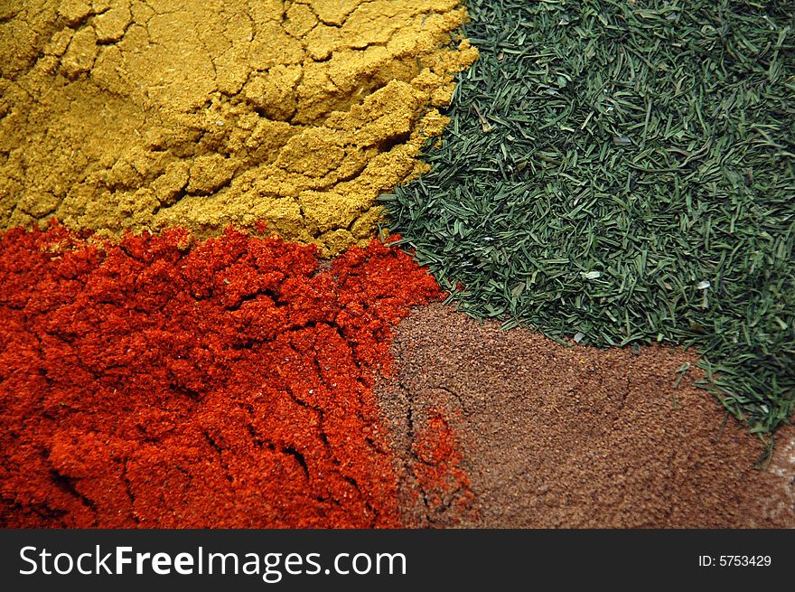 Spice, curry, paprika, allspice, cinnamon, dill, parsley, colors, colours. Spice, curry, paprika, allspice, cinnamon, dill, parsley, colors, colours