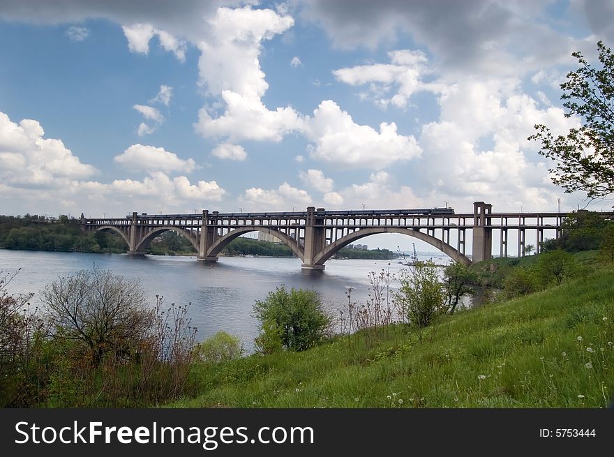The bridge of Preobrazhenskiy. Dnepr river. Zaporozhye. Ukraine. The bridge of Preobrazhenskiy. Dnepr river. Zaporozhye. Ukraine