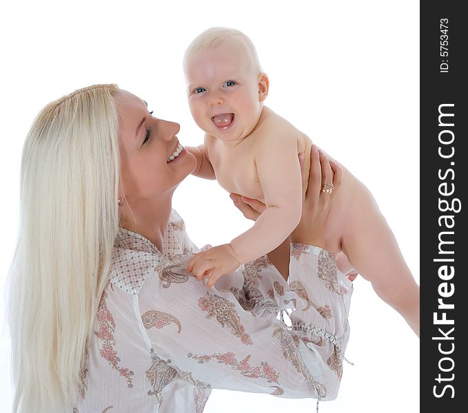 Happy mother with baby over white