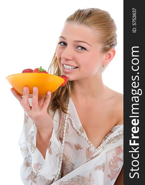 Beautiful girl with strawberry over white