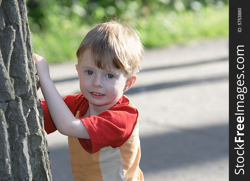 The cheerful kid about a huge tree