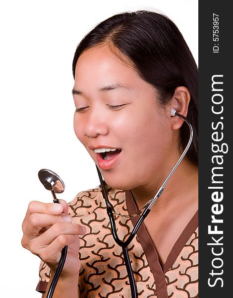 Medical nurse for a sound check on the stethoscope