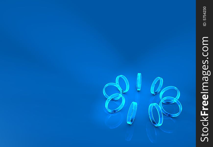 Glass rings on a glossy floor. Rendered 3D scene created with Cinema4D.