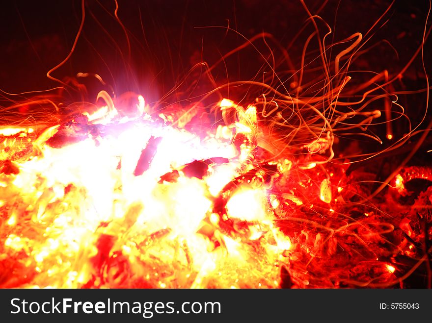Bright yellow fire and hot wood