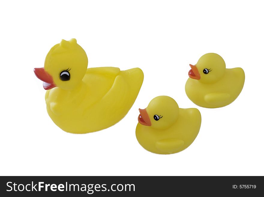 Three yellow rubber ducks isolated on white background. Three yellow rubber ducks isolated on white background