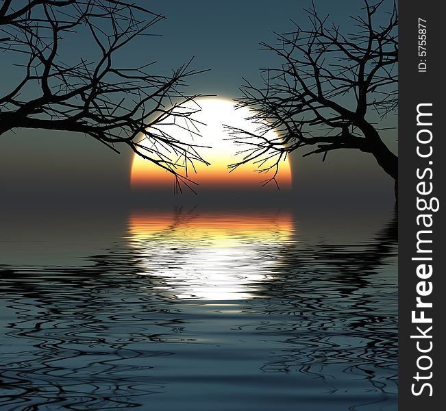Tree silhouettes  at sunset - digital artwork. Tree silhouettes  at sunset - digital artwork