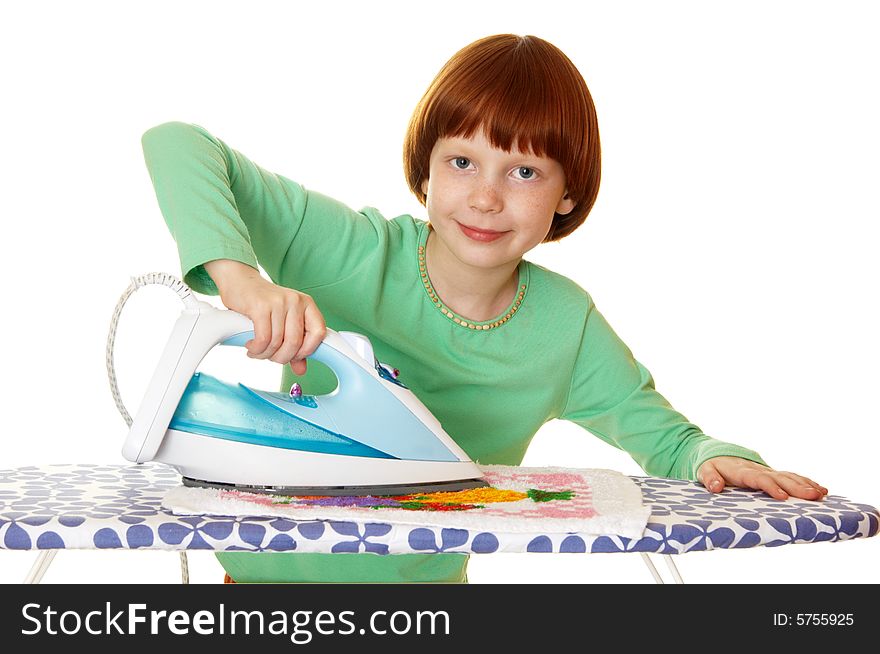 Children iron linen. Photo on a white background.