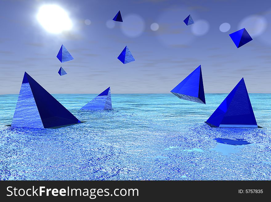 Sea scene with some water pyramids