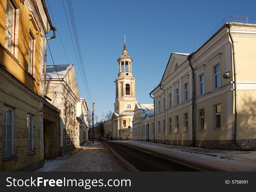 Street of ancient Russian town Torzhok with old belltower. Street of ancient Russian town Torzhok with old belltower