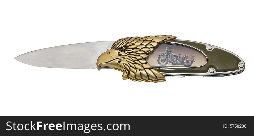 Knife with gold eagle head isolated on white background