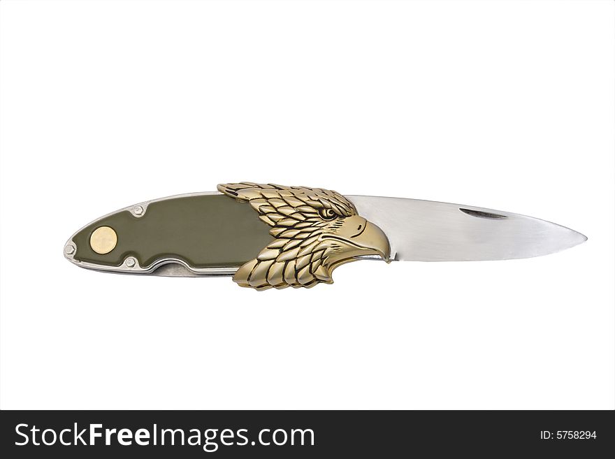 Knife with gold eagle head isolated on white background