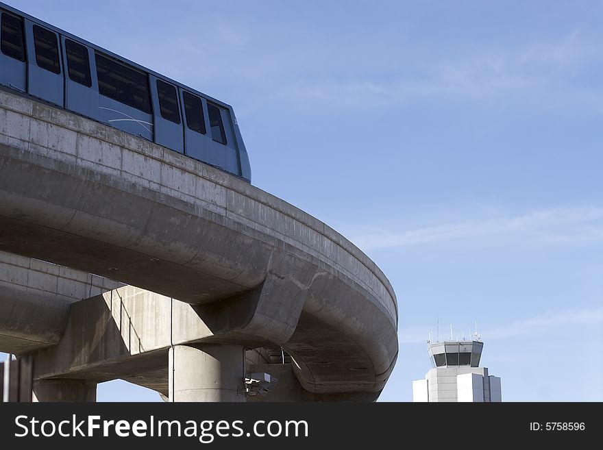 A shot of the monorail leaving the San Francisco airport. A shot of the monorail leaving the San Francisco airport.