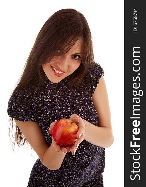 Young beautiful girl with apple on the white. Young beautiful girl with apple on the white