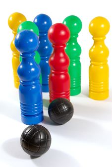 Colorful Bowling Pins And Ball Stock Images