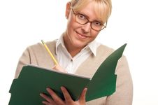 Writing Business Woman With Pencil And Folder Stock Images