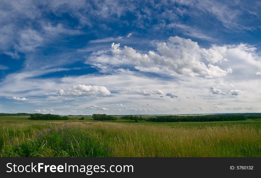 Summer landscape with meadows and blue sky with clouds. Summer landscape with meadows and blue sky with clouds