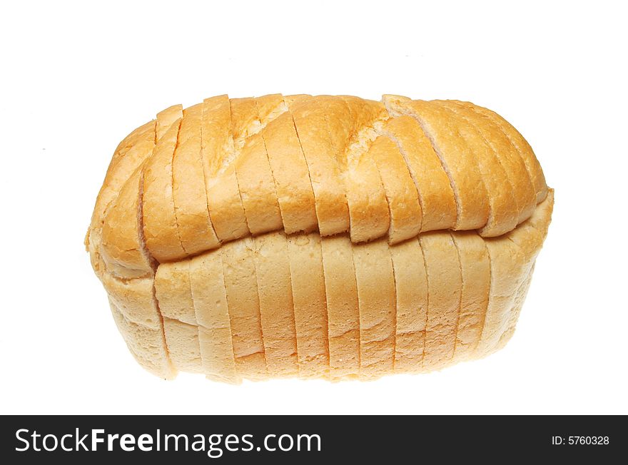 Sliced white bread loaf isolated on white. Sliced white bread loaf isolated on white