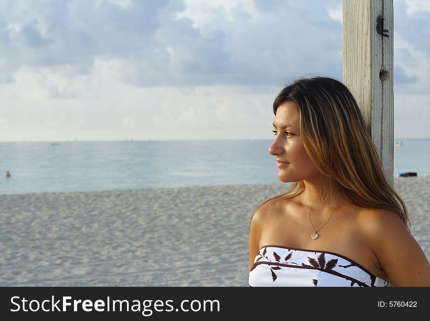 Young female watching the sunrise at the beach. Young female watching the sunrise at the beach.