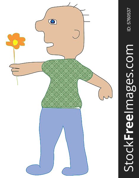 Illustration, computer drawing, young man is holding flower. Illustration, computer drawing, young man is holding flower