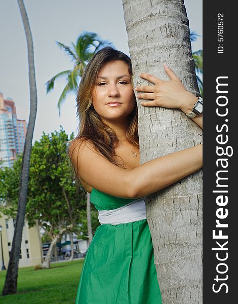 Young female hugging a palm tree. Young female hugging a palm tree.