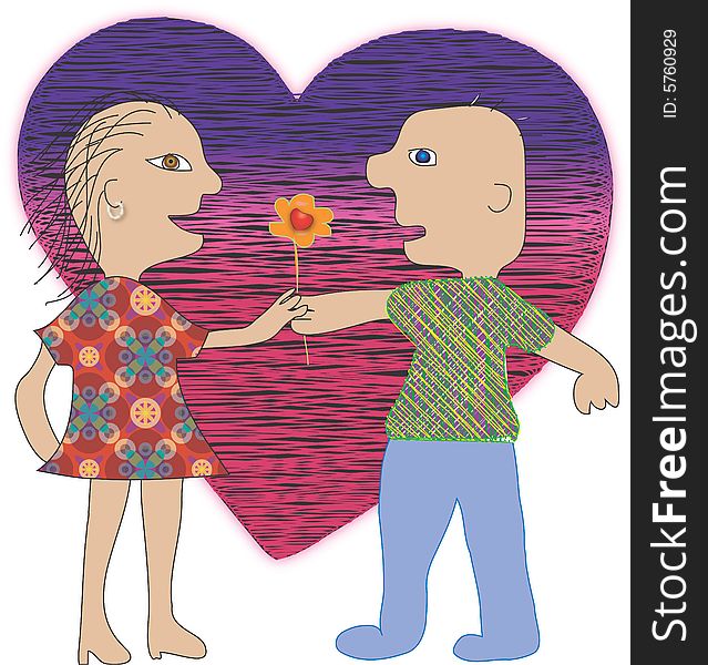 Illustration, computer drawing, young man gives flower woman, background image is heart. Illustration, computer drawing, young man gives flower woman, background image is heart