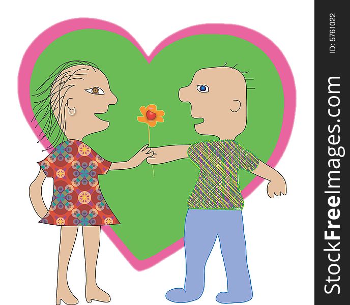Illustration, computer drawing, young man gives flower woman, background image is heart. Illustration, computer drawing, young man gives flower woman, background image is heart