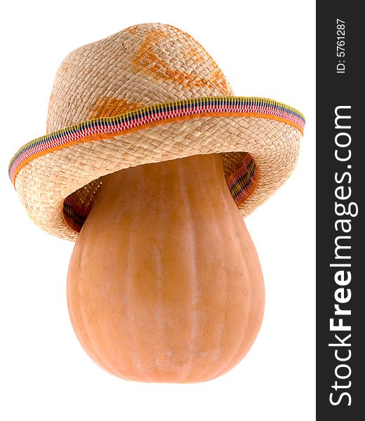 Orange pumpkin in the hat isolated on white