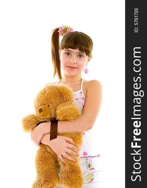 Happy girl with toy isolated over white background