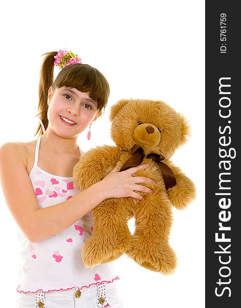 Happy girl with toy isolated over white background