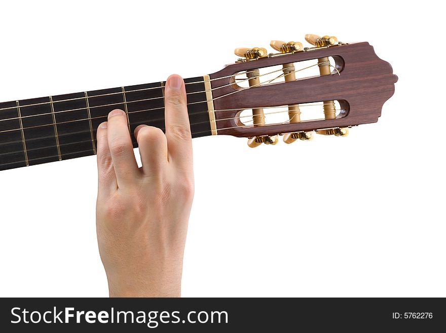 Hand and guitar isolated on white background