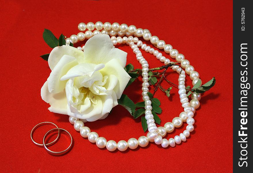 White rose, pearls and wedding rings on a red background.