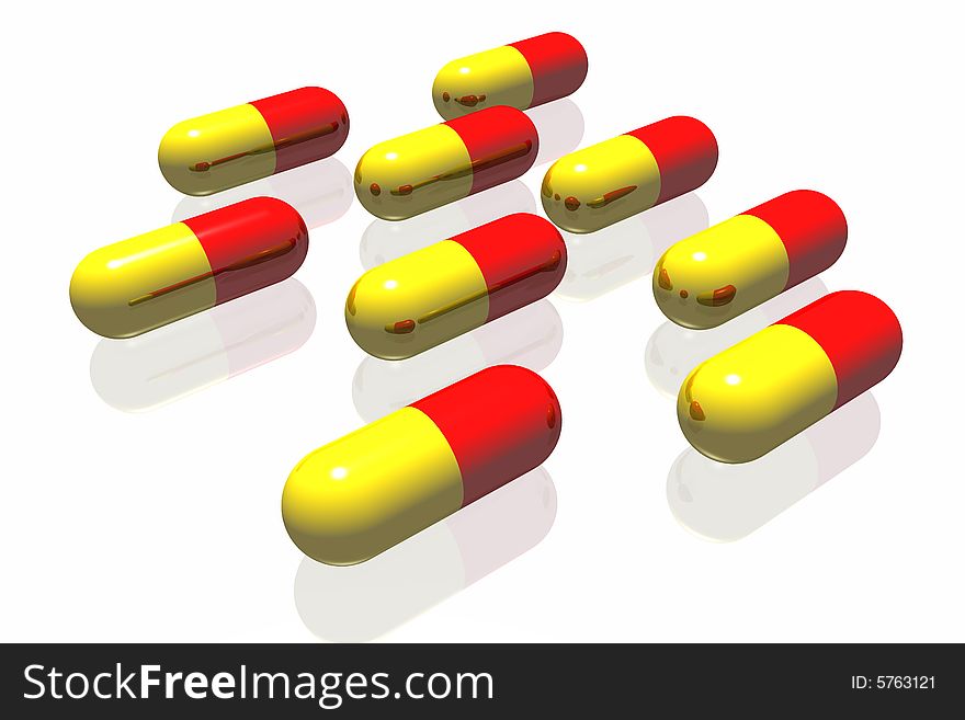 Red and yellow pills on white background