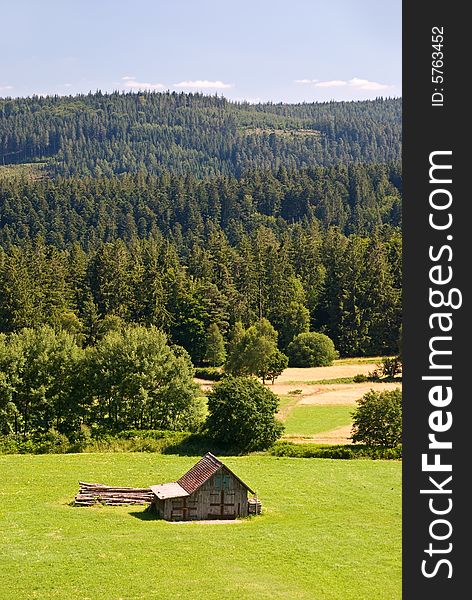 A field and a few old cottages in the swiss alps