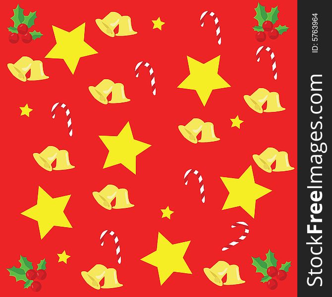 Illustration of a Christmas background with stars, candy canes, bells and cherries