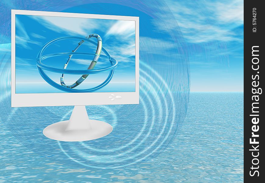 The monitor with abstract wall-papers on a background of blue water and the sky. The monitor with abstract wall-papers on a background of blue water and the sky