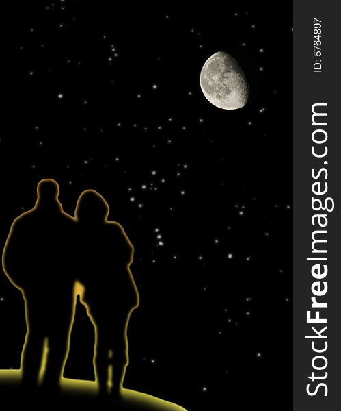 Silhouettes of two on starry sky background. Silhouettes of two on starry sky background