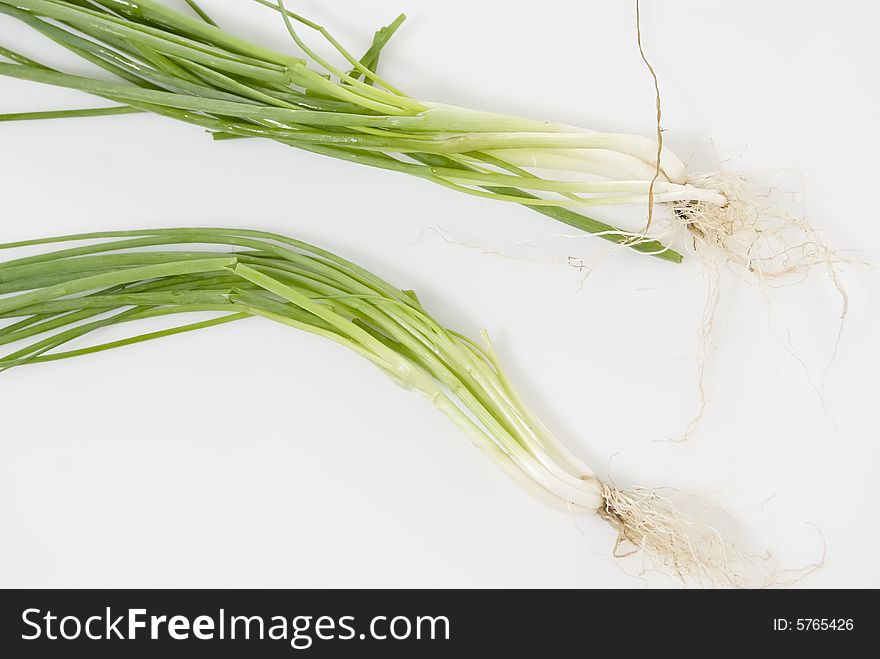 Spring onions on white background