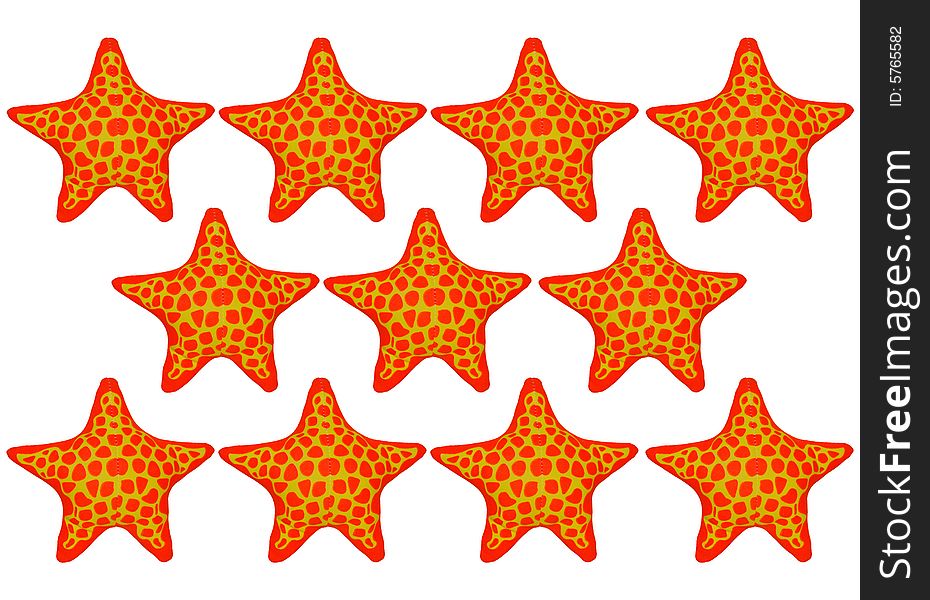 Isolated group of orange and yellow starfish toys. Isolated group of orange and yellow starfish toys