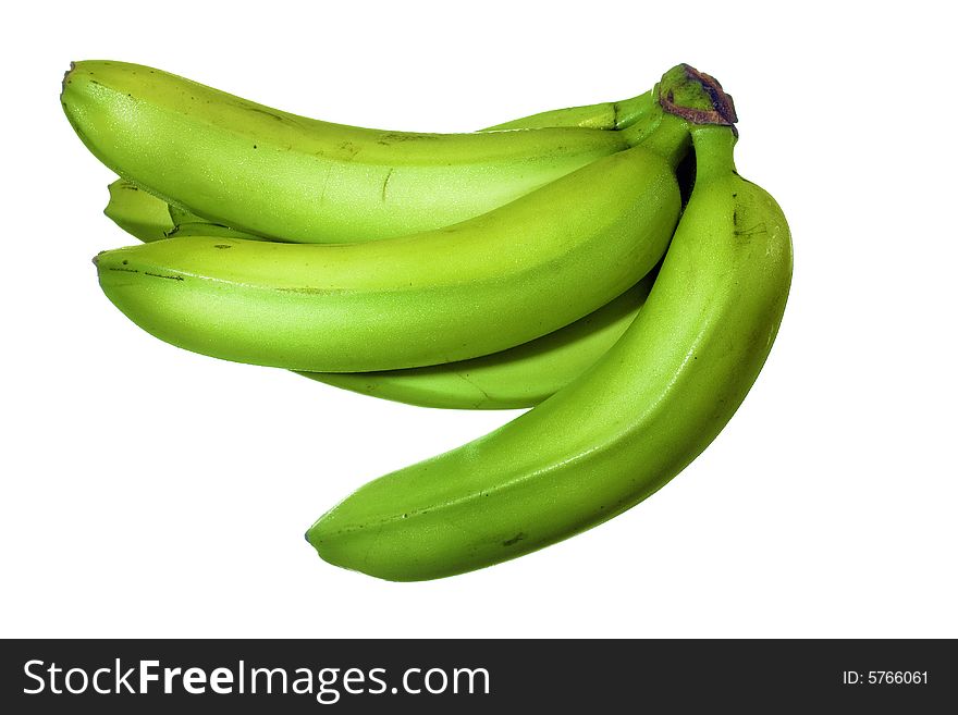 Green bananas isolated on white background, unripe fruits
