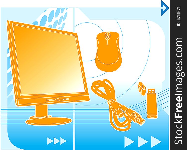 Iformatics illustration with background including LCD monitor, wireless mouse, USB cable and USB drive. Iformatics illustration with background including LCD monitor, wireless mouse, USB cable and USB drive