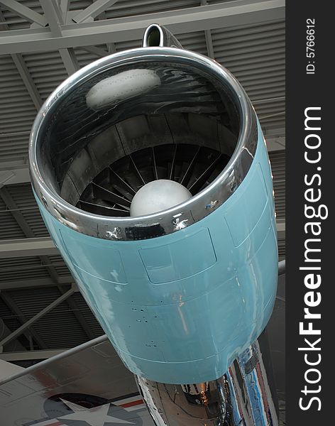 Photo of the jet engine turbine of Air Force One with the iconic light blue paint job