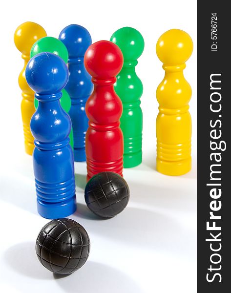 Colorful bowling pins and ball